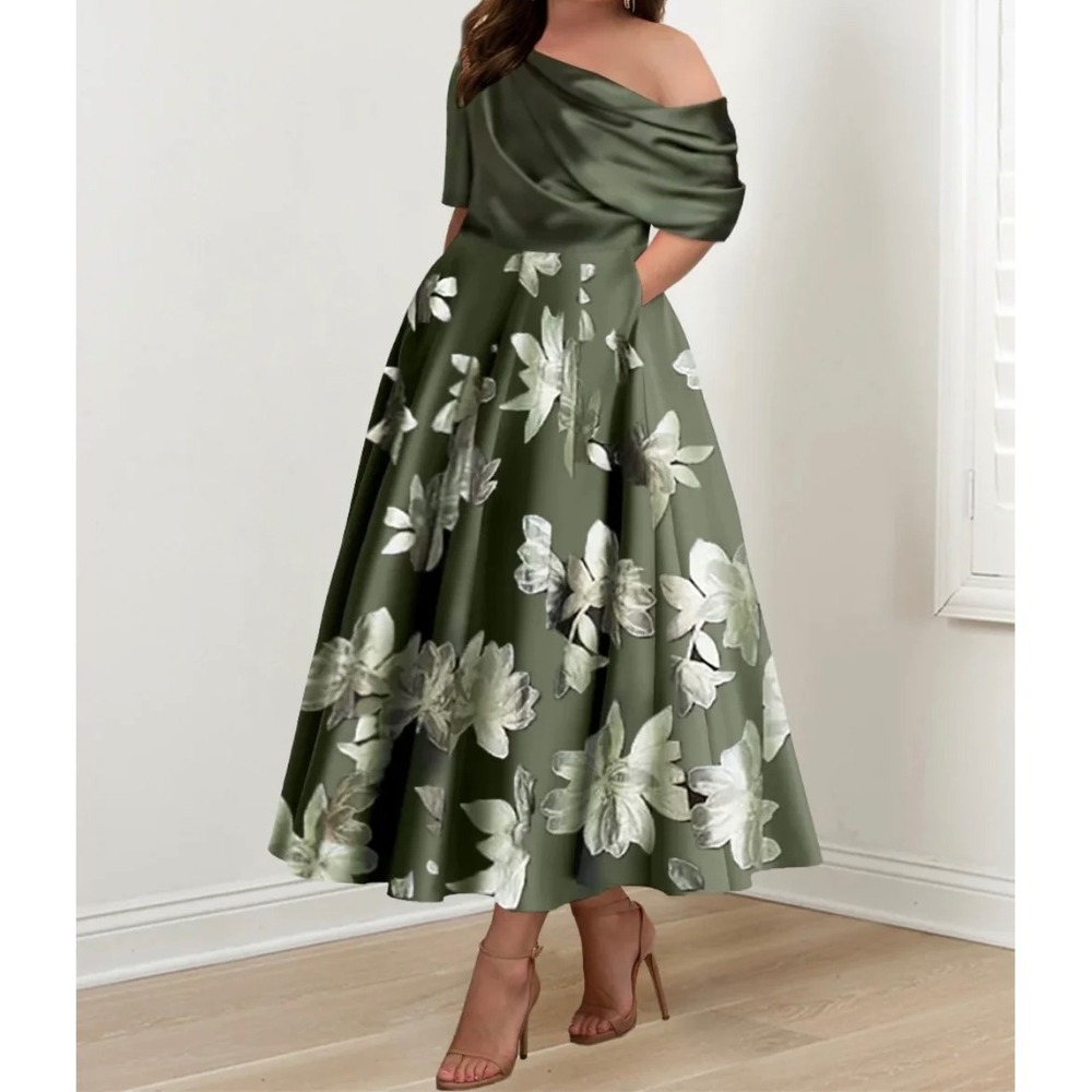 Floral Satin One Shoulder Midi Dress Olive Green A-Line Cocktail Formal US 10